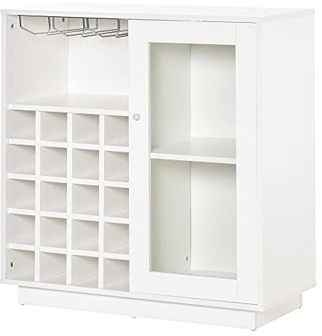 HOMCOM Mobile Portabottiglie per 20 Bottiglie, Porta Vini con Anta in Vetro, Cantinetta Portabottiglie con Porta Calici e Armadietto, 80x36x85 cm, Bianco