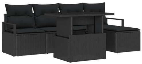 vidaXL Garten-Sofa-Set mit Kissen 6 pcs Schwarz, Garten und Terrasse, modernes Loungesofa-Set, abnehmbare Kissen, UV-beständige Materialien, Rattanmöbel