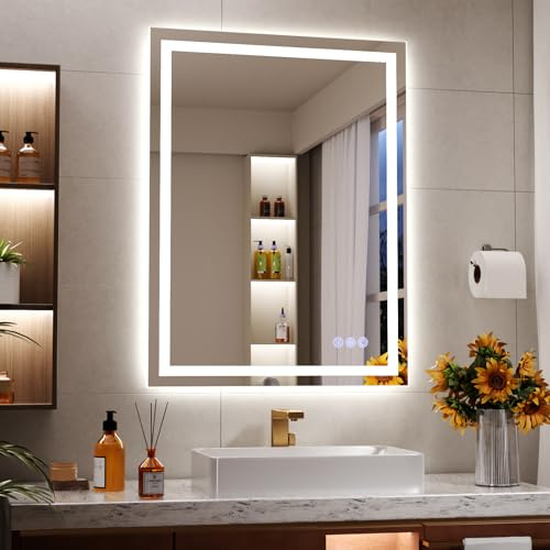 Koonmi LED Bathroom Mirror, 80 x 60 cm, Front and Backlit, Dimmable | Tempered glass, Anti-fog function, Dimmable lighting, 3 colour temperatures, Memory function, Front and back lighting