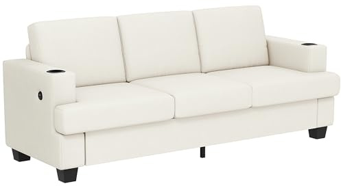 HOMCOM 3 Seater Sofa with USB Ports & Cup Holders, 213 cm Modern Chenille-Feel Fabric Sofa with Thick Padded and Steel Frame, Upholstered Settee for Living Room, Bedroom, Home Office, Cream White