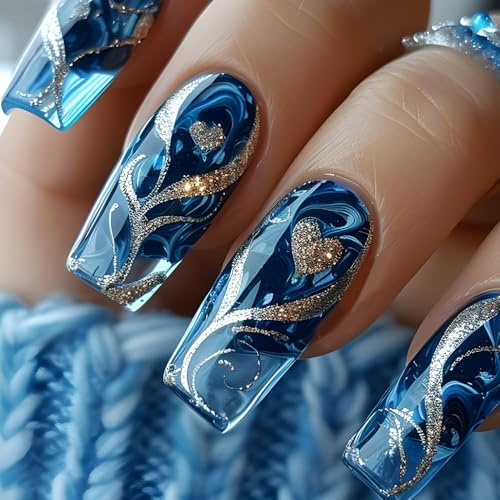 Blue False Nails, Press on Nails 24pcs Long False Nails with Glue Crystal Fake Nails Glue On Nails Long Lasting Gift for Women Girls (Blue)