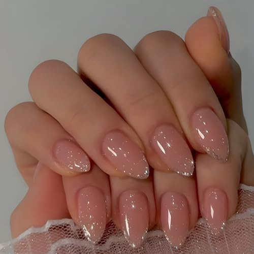 24PCS Press on Nails Almond Shape, Nude Pink Glitter False Nails with French Tip Design, Glossy Full Cover Acrylic Stick on Nails Reusable for Women with Nail Glue & File