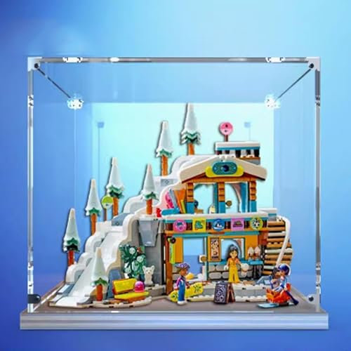 Acryl-Vitrine für Lego 41756 Holiday Ski Resort Modell, staubdichte transparente Kollektionen Vitrine (nur Displaybox) (Nussbaumboden)