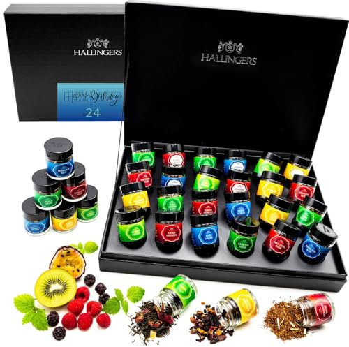 Hallingers Happy Birthday - 24 Sorten Tee Geburtstag Geschenkset, vegan & glutenfrei in Schraubgläsern (Set) - Geschenk im Sommer & als perfektes Grillgeschenk | Geburtstag Glückwunsch Genesung Jahres