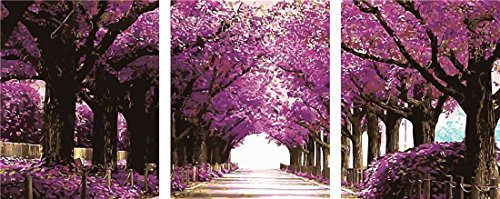 YEESAM ART Kit Peinture par Numéro sur Toile de Lin Triptyque Romantique Motif Allée Feuilles Violet pour Adultes - 7,6 x 40,6 x 50,8 cm, Without Frame
