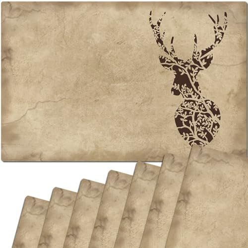 Tischsets 8er als abwaschbare Tischdeko im Landhaus Stil - Platzsets Hirsch Silhouette als Tischuntersetzer in 43 cm - Platzdeckchen als Tischunterlage für Esstisch Wohnzimmer Tisch