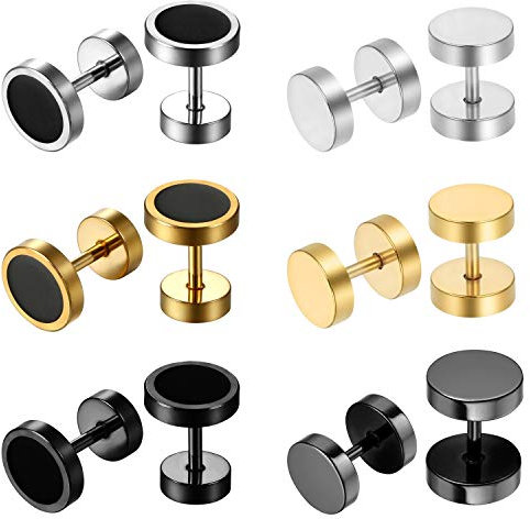 Aroncent Kreis Rund Ohrstecker Fakeplugs: 6 Paare Damen Herren Fake Plug Tunnel Hip Hop Edelstahl Fakeplug Ohrringe Creolen Ohr Piercing Fakeplugs Tunnel 8mm Schwarz Silber Gold