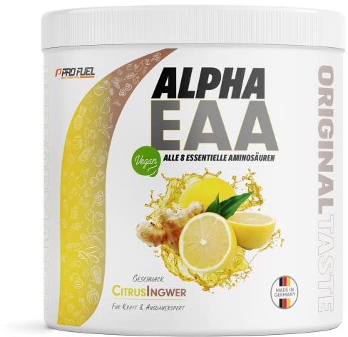 Alpha EAA Pulver 462g CITRUS INGWER - unglaublich leckeres EAA Drink Pulver - alle 8 essentielle Aminosäuren, vegan EAAs Aminosäuren - Amino-Drink - optimale Wertigkeit - 33 Portionen - 100% vegan