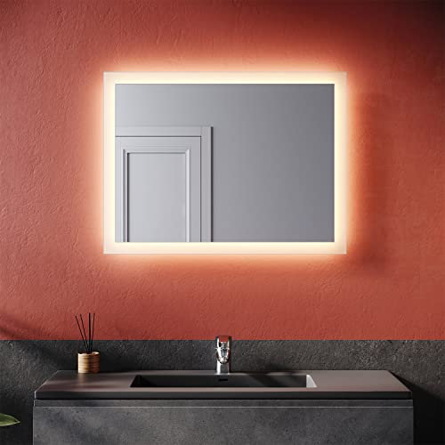 SONNI LED Badspiegel mit Beleuchtung 80×60 cm, LED Badezimmer Lichtspiegel, Warmweiß Badezimmerspiegel, Wandspiegel durch Wand-Schalter IP44 wasserdicht