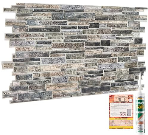 NOVECRAFTO Slim Stone Design 3D Wall Panels - 37.79 x 18.89 in (96x48cm) -6 Sheets Covering 29.76 sqft (2.76 sqm) - Moisture-Resistant PVC Plastic Cladding - Grey Slim Stone Brick Effect Pattern