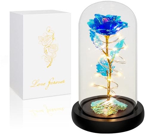 Childom Birthday Gifts for Women,Christmas rose Gifts For Women Her Mum,Colorful Blue Light Up Rose In Glass Dome, for Teacher,Wedding,Engagement,Anniversary,Graduation,Thank You