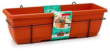 Acan Tradineur - Jardinera para balcón con Plato Integrado y Soporte metálico - PLFT - Fabricado en plástico - Capacidad de 12 litros - 17 x 60 x 19,5 cm - Color Marrón