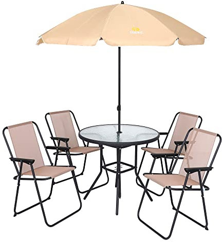 Nice C Patio Dining Set, Set of 6 Garden Outdoor Furniture Set with Tilted Umbrella, 31.5” Round Table, and 4 Folding Chairs (Beige)