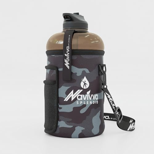 NAVIVVA SPLENDID Large 2L Water Bottle with Insulating Neoprene Cover and Straw Lid - BPA-Free, Dishwasher Safe, Portable, Eco-friendly with Carry Handle – Huge 2.2 Litre Capacity. (Black Camouflage)