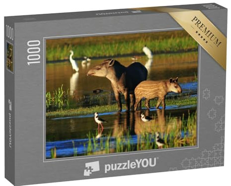 puzzleYOU: Puzzle 1000 Teile „Tapirmutter mit Baby an Einer Wasserstelle mit Vögeln“ – aus der Puzzle-Kollektion Tapir
