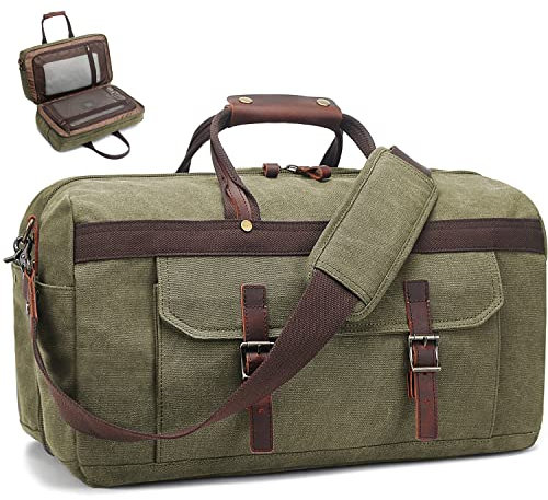 Reisetasche für Herren, wasserdicht, echtes Leder, Leinen, Reisetasche, Reisetasche, für Damen, Übernachtung, Wochenendtasche für Reisen, 5-Army Green, L, Klassische Wochenendtasche