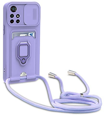 yanasuo Cover con Collana Compatibile con Xiaomi Poco M4 Pro 5G /Redmi Note 11 5G, Cover con Pratico Cordino, Slidable Protezione Fotocamera Slot Carte 360° Anello Supporto, Porpora