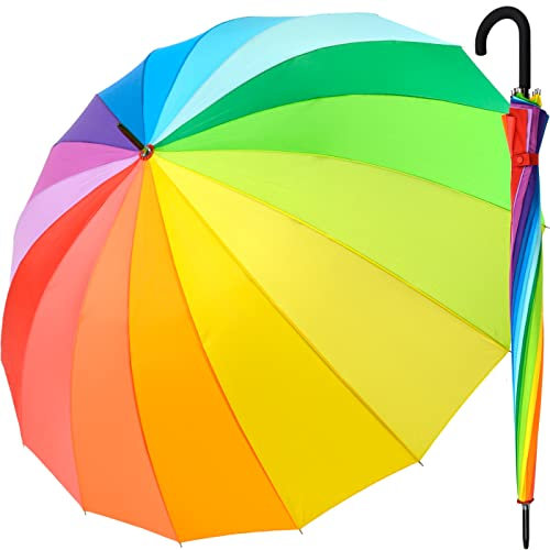 iX-brella Ombrello XXL arcobaleno 129 cm fibra di vetro leggero colorato grande, Arcobaleno – Manico rotondo con gancio, 129 cm, Ombrello XXL