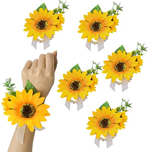URROMA Gelbe Handgelenk-Blume, 6 Stück, künstliche Sonnenblumen, Armband, für Abschlussball, Blume, Handgelenk, Ansteckblume für Brautjungfer, Brautjungfer, Hochzeit, Dusche, Abschlussball, Party