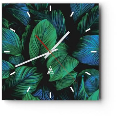 Modern Wanduhr Blätter Pflanzen Exotik 40x40cm Quadrat Groß Wand Uhr Glas Analog Zimmeruhren Küche Büro Wohnzimmer Glasuhr Wall Clock Dekoration Design Wanddekoration Küchenuhr C3AC40x40-5066