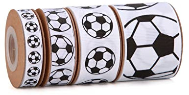 Meseey 4 Rollen insgesamt 20 Meter schwarzes und weißes Satinband-Druck, Fußballband, bedrucktes Fußballband, für Bastelarbeiten, Geschenkverpackungen, Hochzeitsparty-Dekoration
