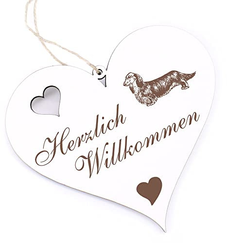Herzlich Willkommen Schild - Langhaar Dackel - Deko Herz Holz Willkommensschild Türschild Dekoschild Türdeko