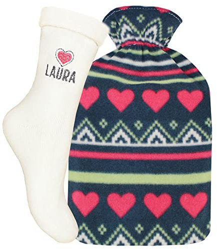 Personalised Initial Cream Bed Socks and Hearts Hot Water Bottle Gift Set
