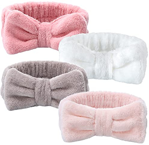 VITEVER 4 Pack Spa Headband for Washing Face, Girls Makeup Bow Tie Hair Band, Microfiber Women Headbands, Elastic Headband to Skincare, Gifts for Teen Girls- White, Brown, Rose Pink, Light Pink