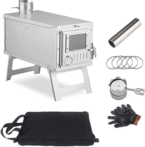 Yesinaly Estufa de camping ultraligera portátil para tienda de campaña, camping, cocina al aire libre, caza, pesca en hielo, estufa de madera al aire libre de 16.6 pulgadas con chimenea plegable