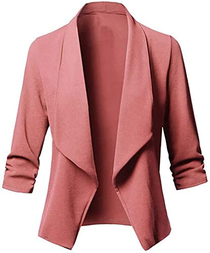 Vagbalena Donna Manica Lunga Risvolto Volant Blazer Manica 3/4 Plissettata Blazer Cardigan Giacca Tinta Unita Lavoro Ufficio Cropped Top Giacca (Rosa,4XL)