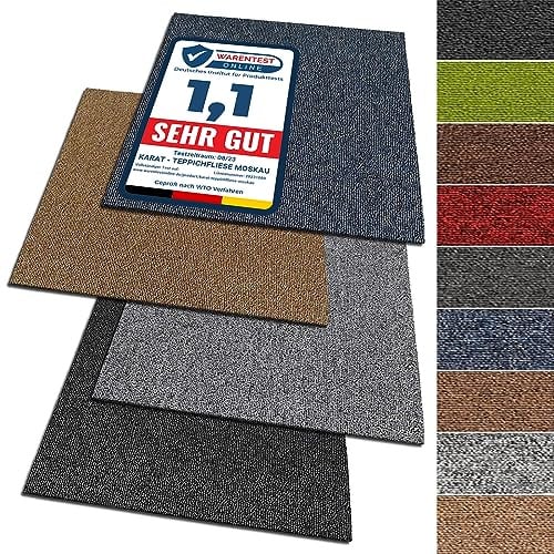 KARAT Teppichfliesen Moskau 50x50cm selbstliegend 48 Stück Set - 12m² strapazierfähiger Teppich Bodenbelag mit hochwertigem Schlingenflor für Haus & Büro - antistatisch mit Bitumen Rücken, Dunkelgrau