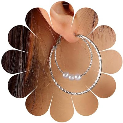 Aneneiceera Boho Perle Reifen Tropfen Ohrringe Silber Doppelte Runde Reifen Baumeln Ohrringe Oval Wasser Ohrringe Hochzeit Braut Perle Ohrringe Erklärung Hohlen Kreis Perlenohrringe Für Frauen