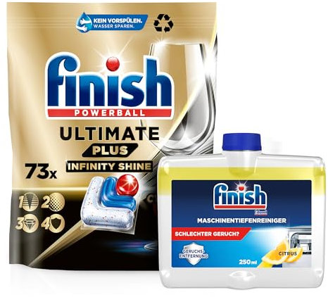 Finish Ultimate Plus Infinity Shine Spülmaschinentabs, Fettlösekraft und Glanz mit Schutzschild – 73 Caps + Maschinentiefenreiniger CitrusSparpack mit 1 x 250 ml Maschinenpfleger mit Zitronenduft