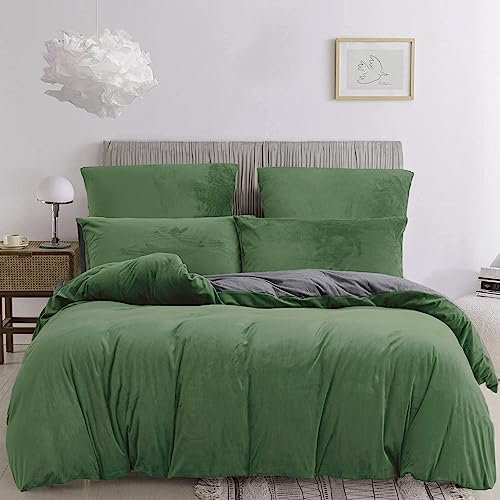 Damier Winter Bettwäsche 155x220 Plüsch Grün Dunkelgrün Grau Uni Einfarbig Cashmere Touch Bettwäsche 3 Teilig Kuschelig Flauschig Wende Bettwäsche Set mit Reißverschluss und 2 Kissenbezüge 80x80 cm
