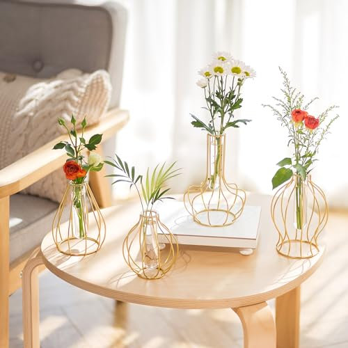 Sziqiqi Glas Propagation Station mit Metallrahmen - Mini Gold Geometric Vasen Set von 4 Modernen Gestell Blumenvase für Hydrokultur Pflanzen Kleine Dekorative Bud Vase für Tisch Hochzeit Mittelstücke