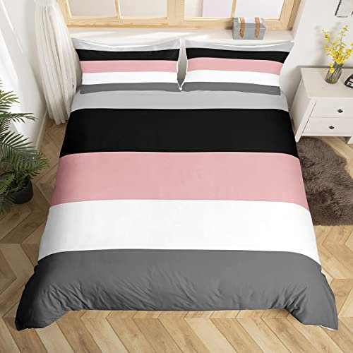 Housse de Couette À Rayures Géométriques pour Filles, Ensemble de Literie Rayé Rose Noir et Gris pour Adolescentes, Parure de Lit 200x200 Abstraite Géométrique, Couvre Lit Blanche et Grise