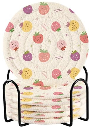 Niedliche Erdbeeren, saugfähige Untersetzer für Getränke und Halter, Set mit 6 saugfähigen Untersetzern, ästhetische Untersetzer für Schreibtisch, Einweihungsgeschenk, Heimdekoration