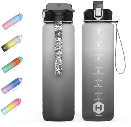 HOMEEX 1L (32oz) Motivational Water Bottle, BPA-free Sports Water Bottle with Time Marker - Quotes - One-Click Technology Ideal for Jogging, Hiking, Office, School, Adults, Children (White & Black)