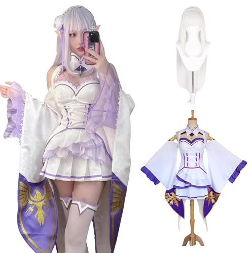 Fiamll Anime Emilia Cosplay Kostüm Outfit Re Life In A Different World from Zero Cosplay Kostüme Emilia Kleider Komplette Sets Karneval Party Outfit mit Perücke Weiß M