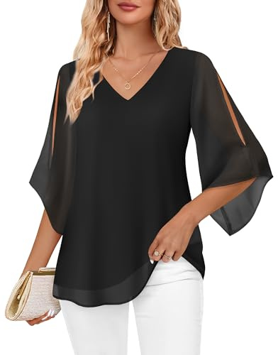 Bebonnie Women Blouses Dressy Casual Tops: Bell Sleeve Double Layers Chiffon Blouses - Tunic Tops to Wear with Leggings Black XL
