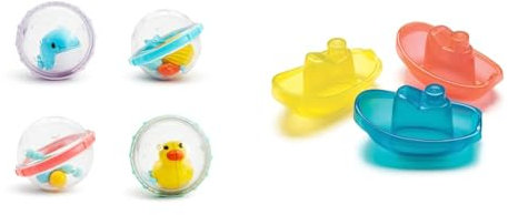 Munchkin Schwimmende Seifenblasen Badespielzeug, 4er-Pack, Modell Sortiert & Playgro Badeboote, 3 Stück, BPA-frei, Ab 6 Monaten, Bright Baby Boats, Blau/Rot/Gelb, 40146