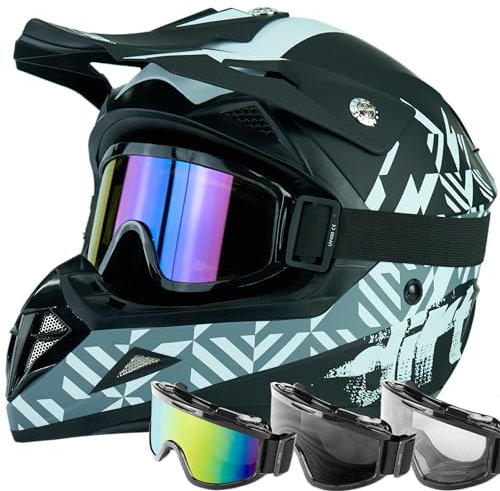 Motocross Helm Horn H915 schwarz matt/grau/weiß Intercom-fähig XS-XL + CROSSBRILLE… (XS (53 - 54cm))