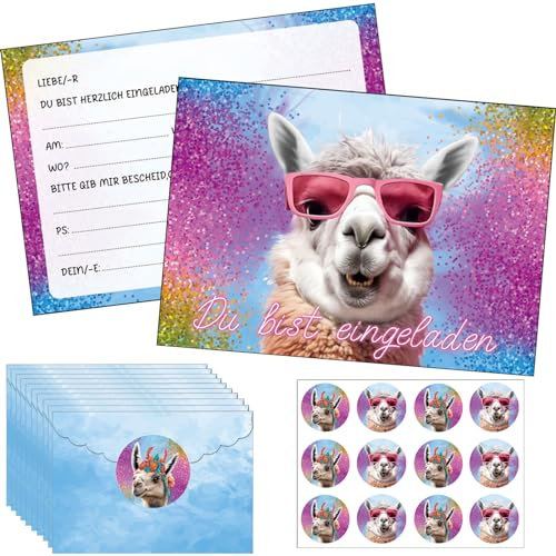 Lama Einladungskarten, 12 Kindergeburtstag Glitzer Einladungskarten, Lustig Tiere Alpaka Glitzerlack Geburtstag Einladungen mit Umschlag für Mädchen Jungen Hochwertiger Verarbeitung, Deutsche