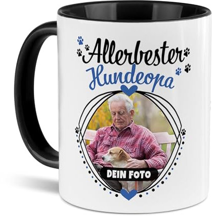 Tassendruck Hunde-Tasse mit Foto Allerbester Hundeopa - Persönliches Geschenk für Hundefreunde zum Geburtstag | Personalisiertes Geschenk, 300 ml, Innen & Henkel Schwarz