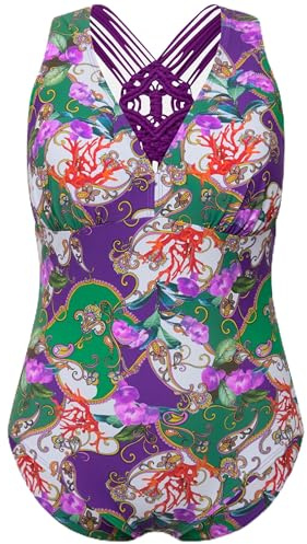 Ulla Popken Damen große Größen Übergrößen Plus Size Badeanzug, Softcups, Makramee-Träger, recycelt schneeweiß 50 826442200-50