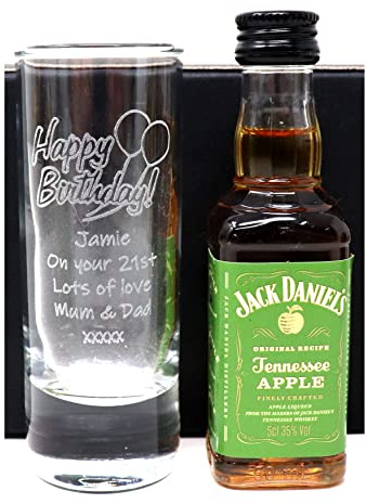 Personalised Engraved Tall Shot Glass & Miniature Alcohol Gift Set For 30th Birthday. 40th Birthday Shot Glass. Birthday Shot Glasses For Men & Women - Birthday Design (Apple Whiskey)