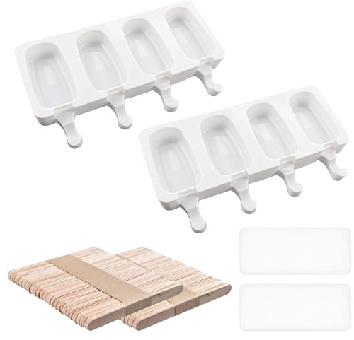2 moldes para helados con 100 palillos, 2 tapas, molde de silicona para helado, fácil de disolver, forma ovalada, accesorio para helado casero (4 huecos, blanco)