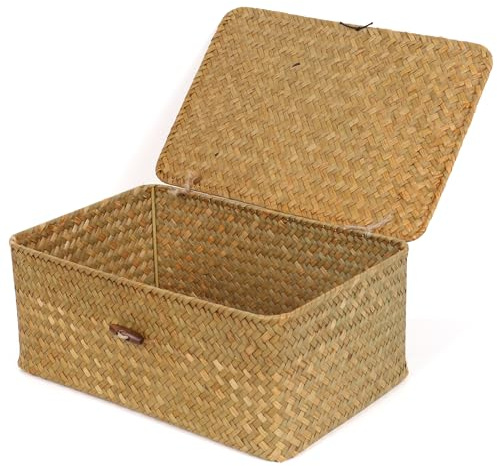 FEIALNDUO Wicker Shelf Baskets with Lid,Seagrass Storage Basket Bins Rectangular Handwoven Basket Boxes for Shelves Desktop Home Organizer (Natural, Medium)