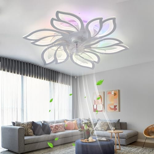 Caufloce RGB Fan Light LED Dimmable Bedroom White Ceiling Fans with Lights Reversible Remote Control Silent 6 Speed Ceiling Light with Fan Modern Flower Smart Indoor for Living Room, Lounge