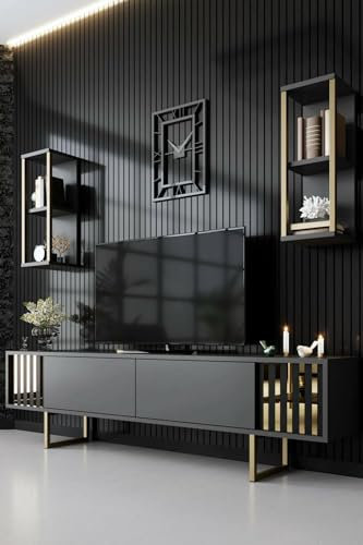 Dmora Mobile Porta TV Eunomia, Credenza da Soggiorno, Armadio Basso per TV, Base Parete attrezzata, 180x30h48 cm, Antracite e Oro